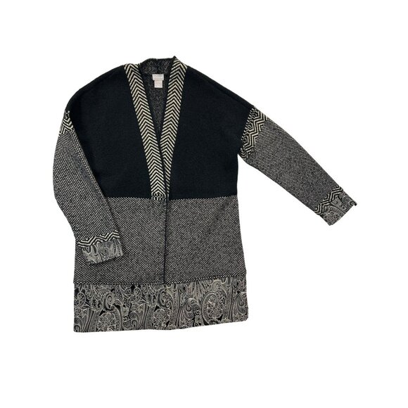 Chicos Cardigan Sweater Duster Womens Medium Black Beige Paisley‎ Trim - Picture 1 of 7